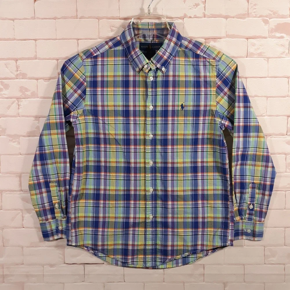 Ralph Lauren Shirt Boys Kids Size L 14-16 Blue Plaid Button Down Small Pony